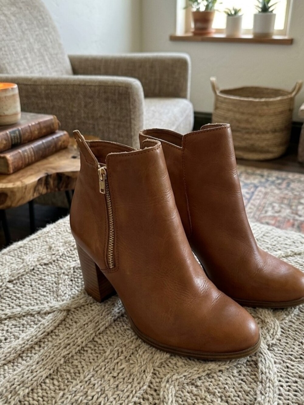 ALDO Noemieflex Cognac Tan Leather Block Heel Ankle Boots Size